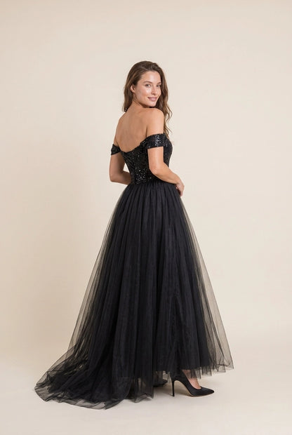 Stunning A-Line Off-Shoulder Tulle Sequin Black Floor-Length Prom Dress
