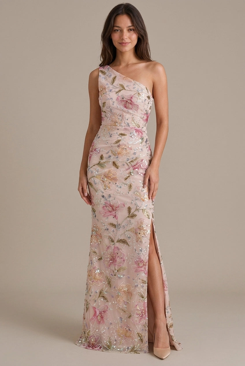 Stunning A-Line One-Shoulder Floral Sequin Lace Blush Floor-Length Prom Dress