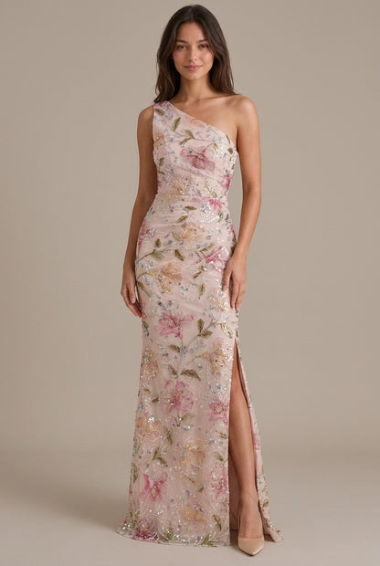 Stunning A-Line One-Shoulder Floral Sequin Lace Blush Floor-Length Prom Dress