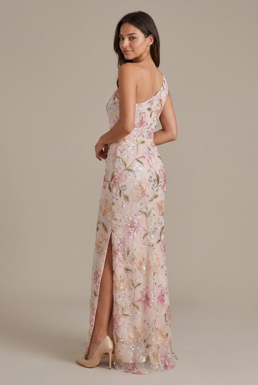 Stunning A-Line One-Shoulder Floral Sequin Lace Blush Floor-Length Prom Dress