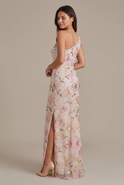 Stunning A-Line One-Shoulder Floral Sequin Lace Blush Floor-Length Prom Dress