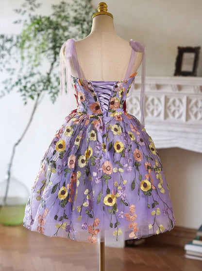 Stunning A-Line Sweetheart Floral Embroidered Tulle Lavender Short Homecoming Dresses