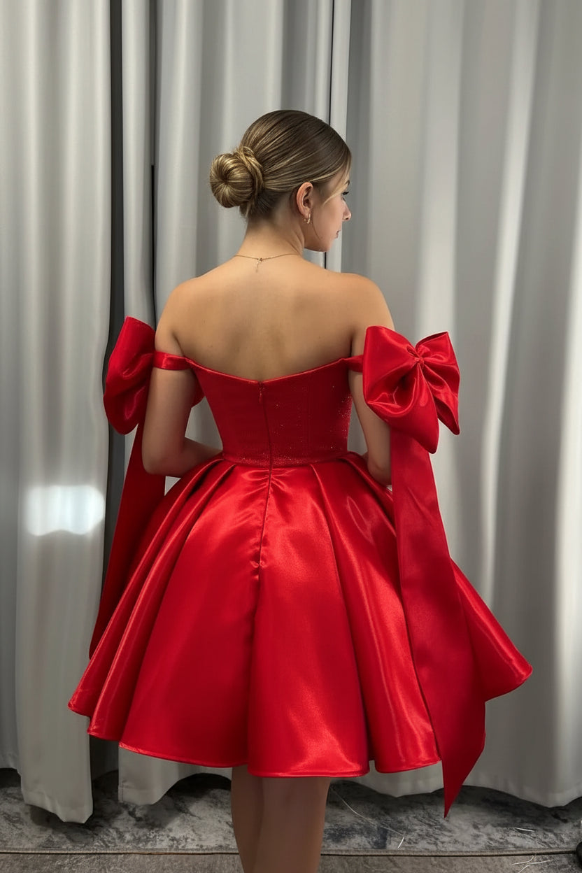 Stunning A-Line Sweetheart Off-Shoulder Bow-Accent Glitter Red Short Homecoming Dresses