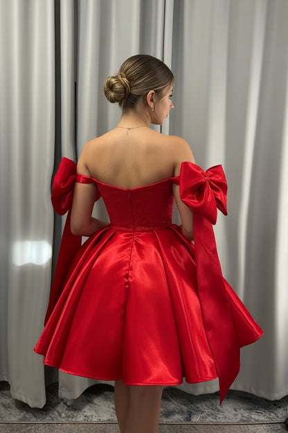 Stunning A-Line Sweetheart Off-Shoulder Bow-Accent Glitter Red Short Homecoming Dresses