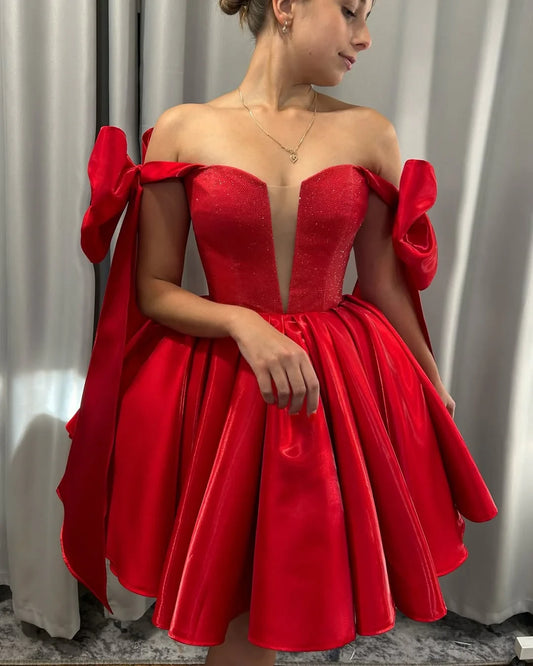 Stunning A-Line Sweetheart Off-Shoulder Bow-Accent Glitter Red Short Homecoming Dresses