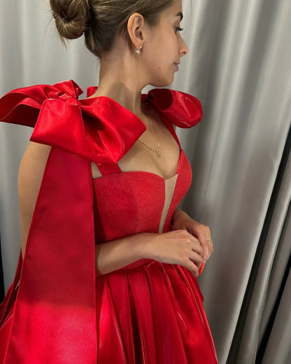 Stunning A-Line Sweetheart Off-Shoulder Bow-Accent Glitter Red Short Homecoming Dresses