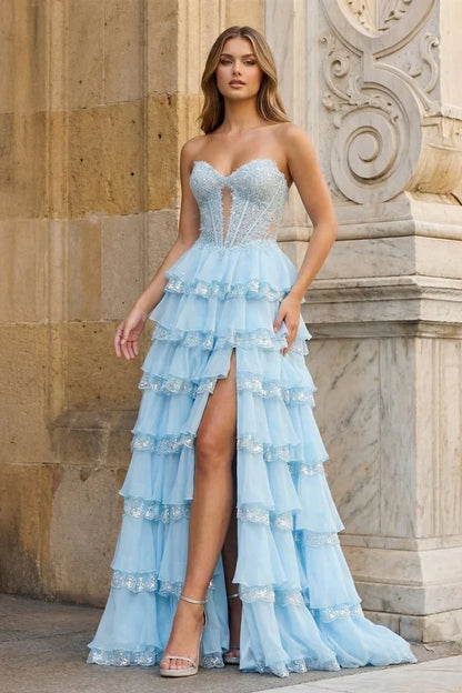 Stunning A-Line Sweetheart Sequined Lace Ruffled Sky Blue Long Prom Dress With Appliques