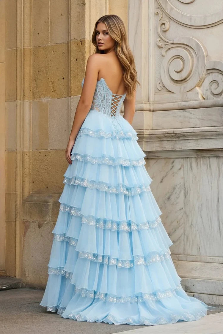 Stunning A-Line Sweetheart Sequined Lace Ruffled Sky Blue Long Prom Dress With Appliques