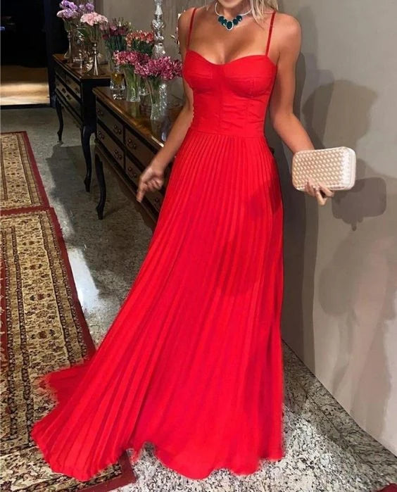 Stunning A-Line Sweetheart Sleeveless Pleated Red Floor-Length Evening Gown