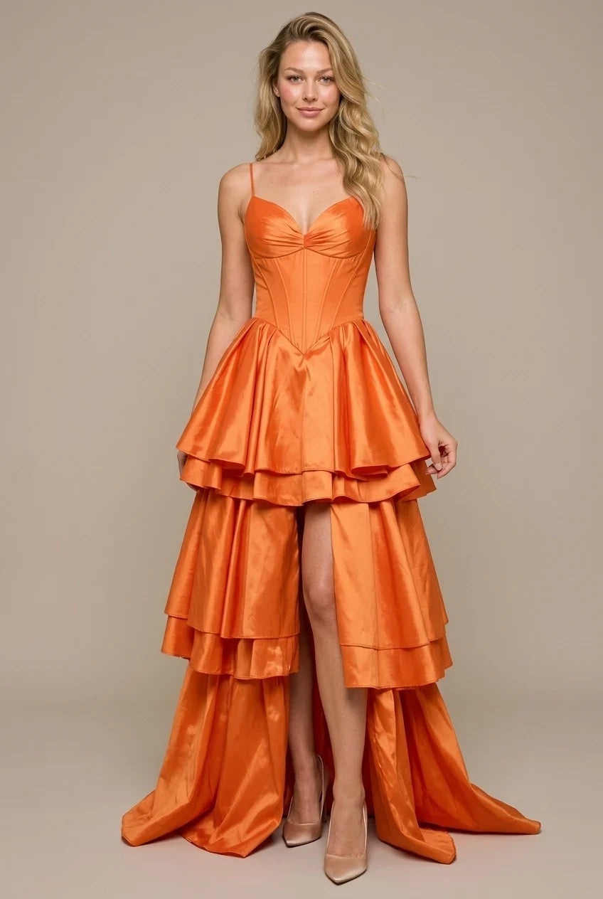 Stunning A-Line Sweetheart Tiered Ruffle Taffeta Orange Floor Length Prom Dress