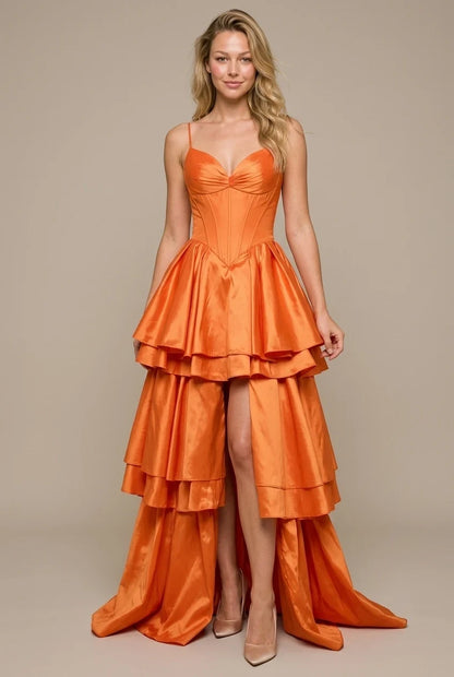 Stunning A-Line Sweetheart Tiered Ruffle Taffeta Orange Floor Length Prom Dress