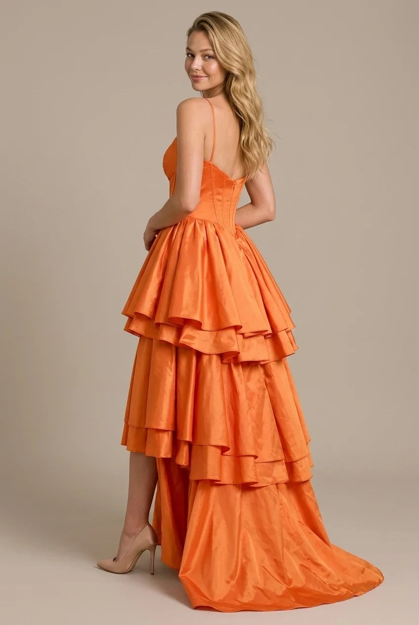 Stunning A-Line Sweetheart Tiered Ruffle Taffeta Orange Floor Length Prom Dress
