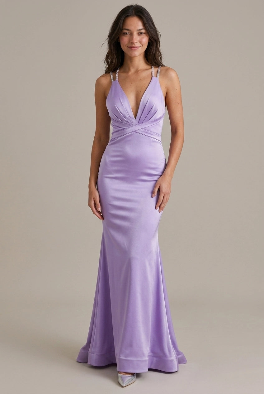 Stunning Mermaid V-Neck Rhinestone-Strap Ruched Satin Lavender Floor-Length Prom Dress