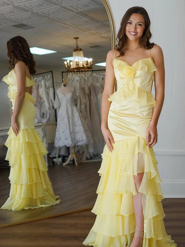 Stunning Mermaid V-Neck Ruffle Tiered Floral Chiffon Pastel Yellow Long Prom Dress