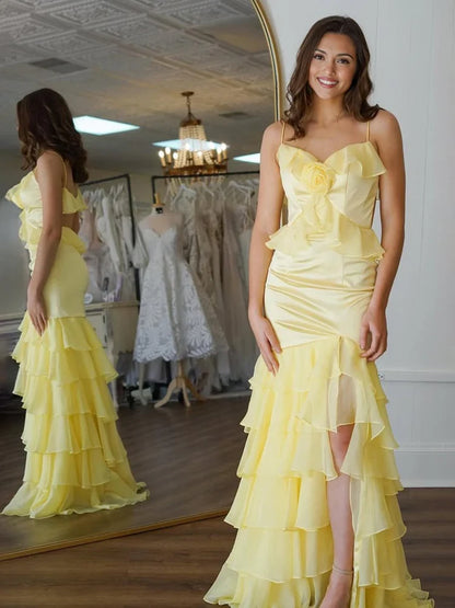 Stunning Mermaid V-Neck Ruffle Tiered Floral Chiffon Pastel Yellow Long Prom Dress