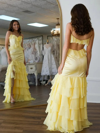 Stunning Mermaid V-Neck Ruffle Tiered Floral Chiffon Pastel Yellow Long Prom Dress