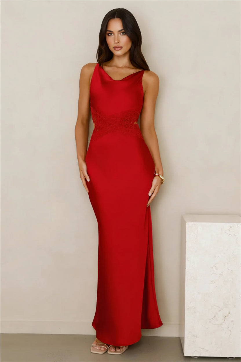 Stunning Sheath Cowl Neck Lace-Accent Backless Satin Red Floor-Length Prom Dress