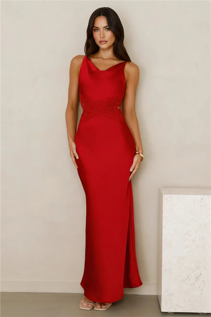 Stunning Sheath Cowl Neck Lace-Accent Backless Satin Red Floor-Length Prom Dress