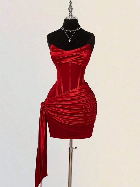 Stunning Sheath Strapless Corset Ruched Red Mini Homecoming Dress With Streamer