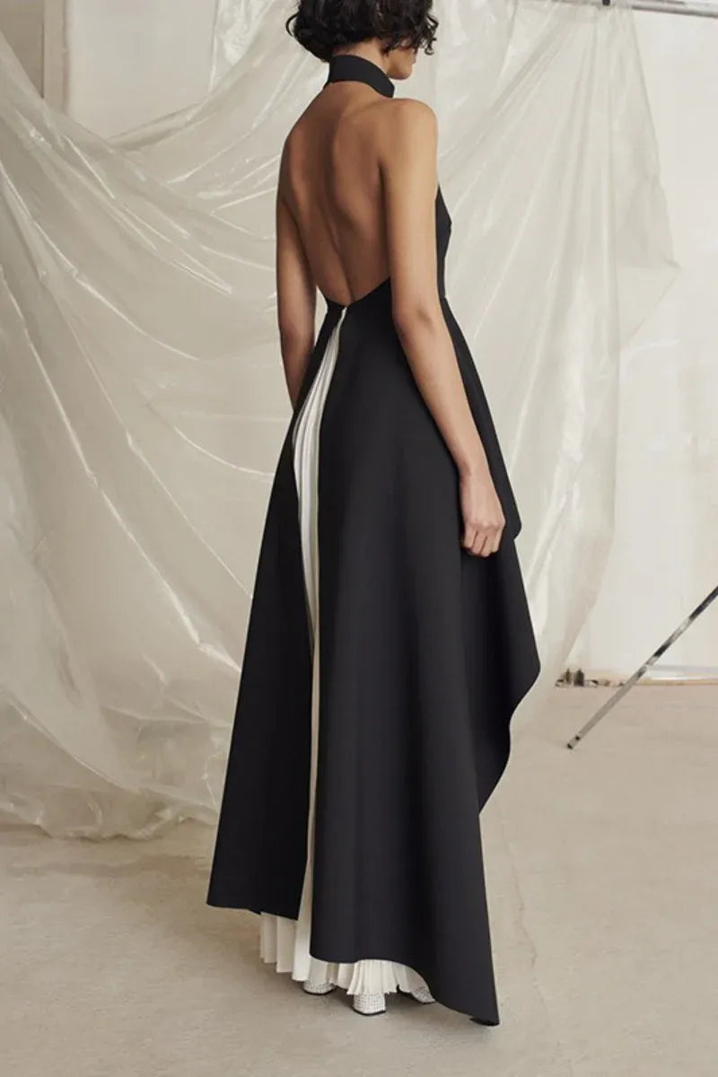 Stylish A-Line Halter Neck Pleated Black White Floor-Length Prom Dress With Asymmetric Hemisphere