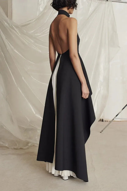 Stylish A-Line Halter Neck Pleated Black White Floor-Length Prom Dress With Asymmetric Hemisphere