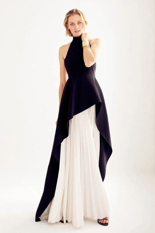 Stylish A-Line Halter Neck Pleated Black White Floor-Length Prom Dress With Asymmetric Hemisphere