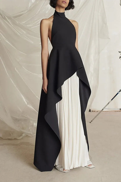 Stylish A-Line Halter Neck Pleated Black White Floor-Length Prom Dress With Asymmetric Hemisphere