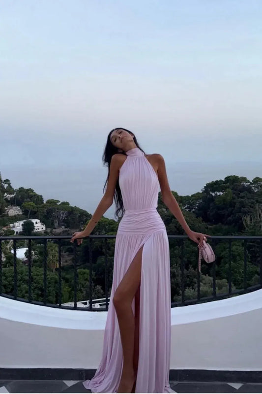 Stylish A-Line Halter Neck Sleeveless Chiffon Floor-Length Backless Prom Dress