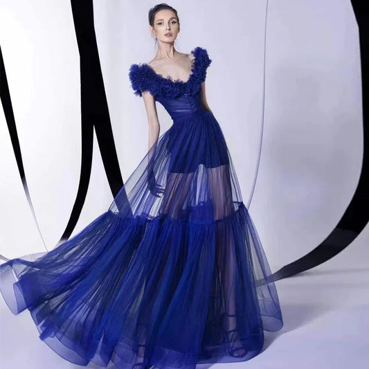 Stylish A-Line Off-Shoulder 3D Floral Sheer Tulle Royal Blue Floor-Length Prom Dress