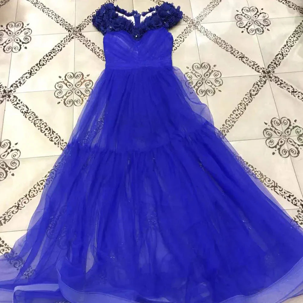 Elegant A-Line Off-Shoulder 3D Floral Royal Blue Floor-Length Prom Dress for Women