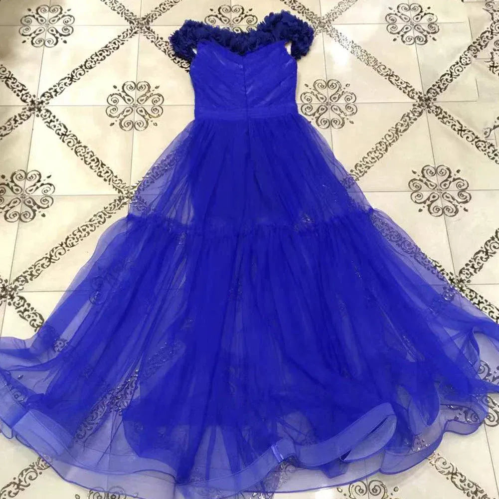 Elegant A-Line Off-Shoulder 3D Floral Royal Blue Floor-Length Prom Dress for Women