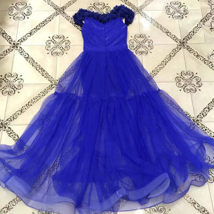 Elegant A-Line Off-Shoulder 3D Floral Royal Blue Floor-Length Prom Dress for Women