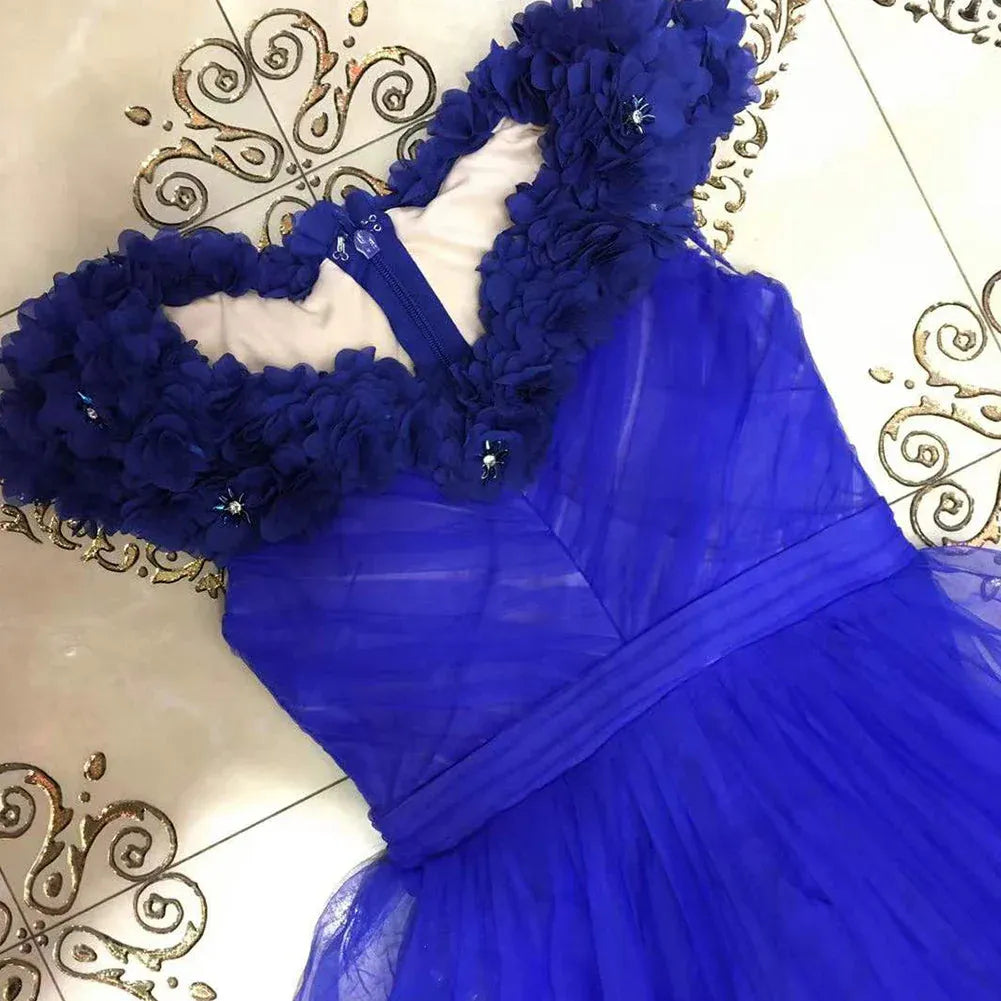 Elegant A-Line Off-Shoulder 3D Floral Royal Blue Floor-Length Prom Dress for Women