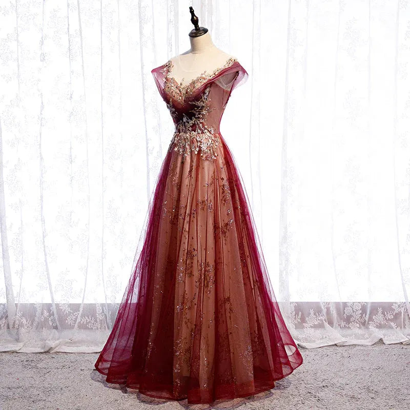 Stylish A-Line Scoop Neck Sleeveless Tulle Sequins Floor-Length Prom Dress