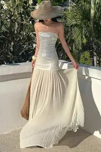Elegant A-Line Strapless Two-Tier White Floor-Length Prom Dress for Women
