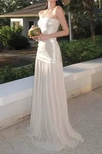 Stylish A-Line Strapless Sequin-Top White Floor-Length Prom Dress Hot Sale