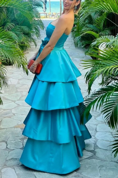Stylish A-Line Strapless Sleeveless Satin Multi-Layered Floor-Length Prom Dress