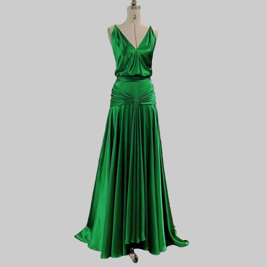 Stylish A-Line V-Neck Ruched Waist Satin Emerald Green Floor-Length Prom Dress