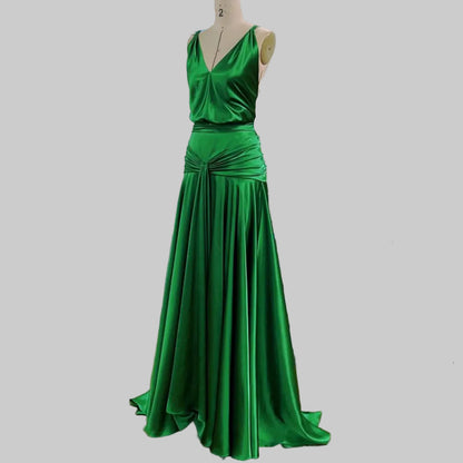 Elegant A-Line V-Neck Ruched Waist Satin Emerald Green Floor-Length Prom Dress for Women