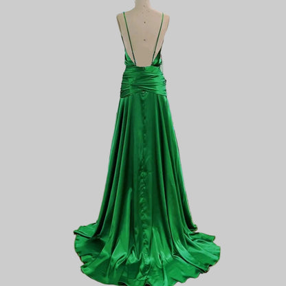 Elegant A-Line V-Neck Ruched Waist Satin Emerald Green Floor-Length Prom Dress for Women
