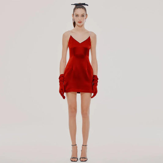 Stylish Bodycon V-Neck Crystal Strap Red Mini Homecoming Dress With Tie