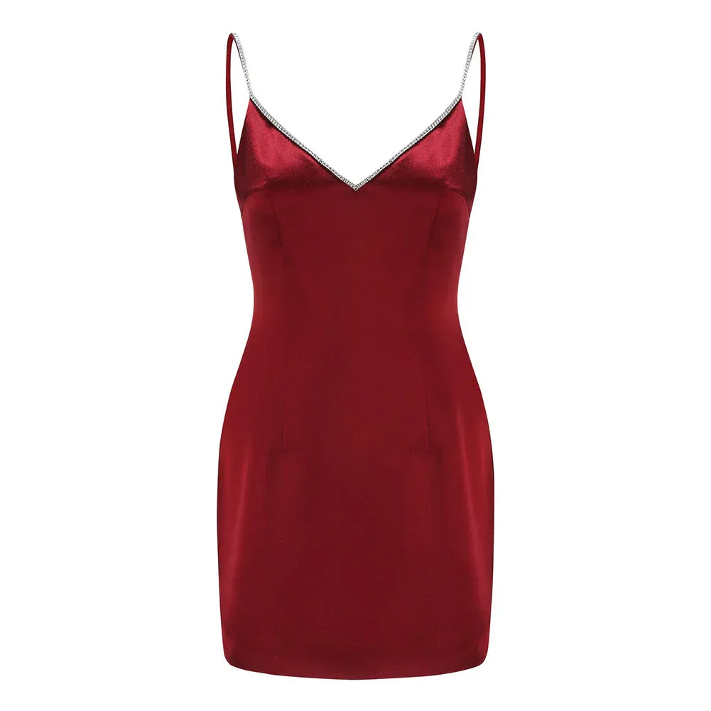 Glamorous Bodycon V-Neck Red Mini Homecoming Dress with Crystal Straps & Bow Back