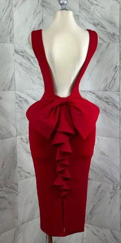 Stylish Bodycon V-neck Sleeveless Backless Bow knot Tea-Length Prom Dress