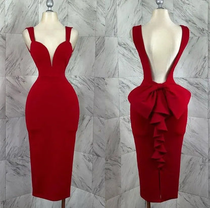 Stylish Bodycon V-neck Sleeveless Backless Bow knot Tea-Length Prom Dress