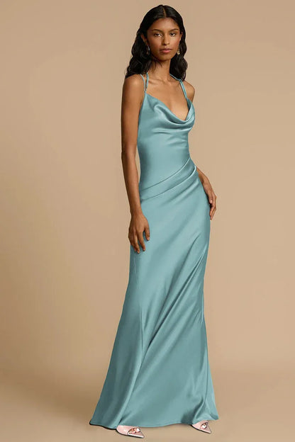 Stylish Mermaid Cowl-Neck Ruched Backless Sage Green Floor-Length Prom Dress