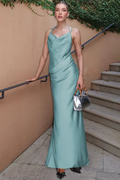 Stylish Mermaid Cowl-Neck Ruched Backless Sage Green Floor-Length Prom Dress