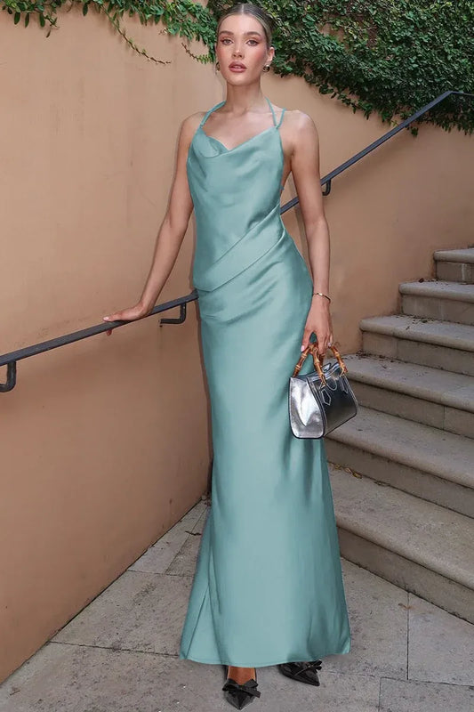 Stylish Mermaid Cowl-Neck Ruched Backless Sage Green Floor-Length Prom Dress