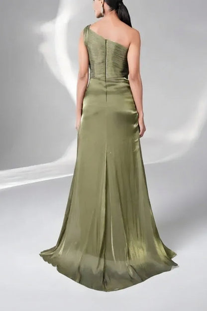 Stylish Mermaid One-Shoulder Pleated Satin Sage Green Floor-Length Prom Dress