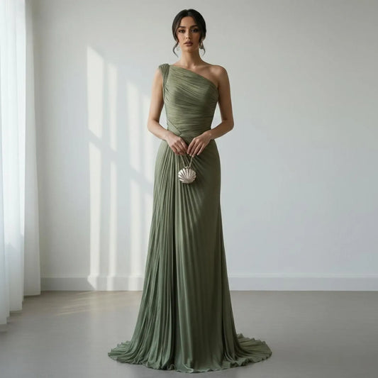 Stylish Mermaid One-Shoulder Pleated Satin Sage Green Floor-Length Prom Dress