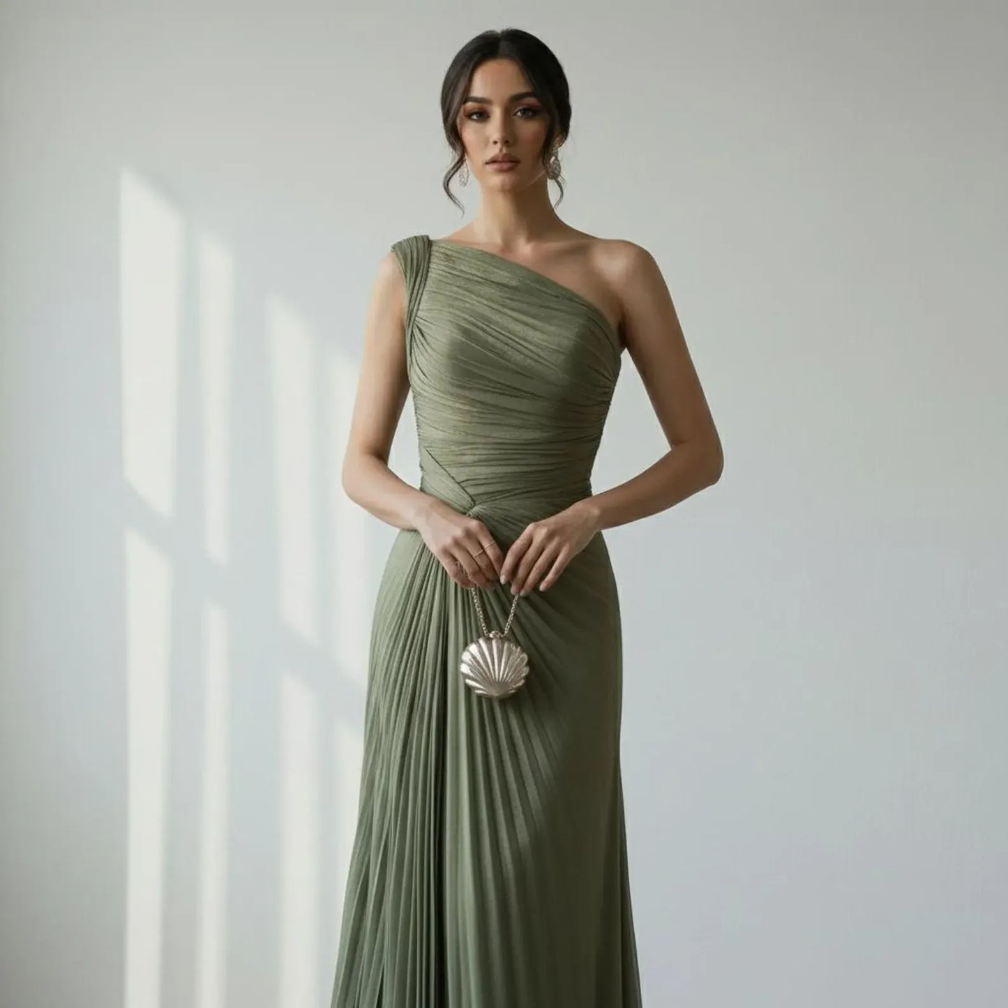 Stylish Mermaid One-Shoulder Pleated Satin Sage Green Floor-Length Prom Dress